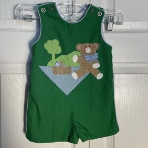 Vintage Romper Unisex 2T Green Teddy Bear Picnic Blanket Applique Sleeveless‎